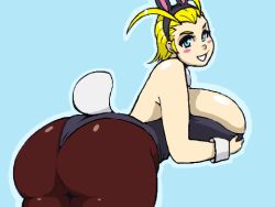 Rule 34 | 1girl, ass, blonde hair, blue eyes, blush, breasts, huge ass, huge breasts, kingdom hearts, larxene, live for the funk, looking at viewer, looking back, pantyhose, simple background, solo