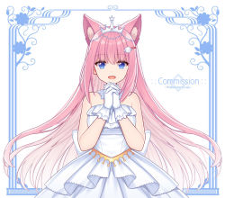 Rule 34 | 1girl, animal ear fluff, animal ears, bare shoulders, blue eyes, breasts, commission, copyright request, dog hair ornament, dress, gloves, hair between eyes, hair ornament, hairclip, hitsuki rei, interlocked fingers, long hair, medium breasts, own hands together, pink hair, solo, star (symbol), strapless, strapless dress, tiara, very long hair, virtual youtuber, white background, white dress, white gloves