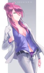 1girl absurdres belt blue_shirt breasts brown_hair copyright_name green_eyes grey_pants hair_between_eyes highres id_:invaded kanogawa_hiro long_hair looking_at_viewer mole mole_under_eye navel open_belt panties pants purple_panties shirt simple_background small_breasts solo standing underwear