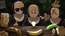 Rule 34 | 3girls, :o, banana, bird, blonde hair, blue eyes, brown hair, cable, chalkboard, chicken, clumsy nun (diva), commentary, diva (hyxpk), duck, duckling, electric fan, electricity, english commentary, food, froggy nun (diva), fruit, goggles, habit, highres, light bulb, little nuns (diva), minifan, multiple girls, nose bubble, note, nun, spicy nun (diva), sunglasses, traditional nun, triangle mouth