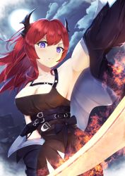 Rule 34 | 1girl, arknights, arm up, armpits, bare shoulders, belt, black belt, black dress, breasts, cleavage, commentary, cowboy shot, dress, full moon, highres, horns, komugikokonko, large breasts, long hair, looking at viewer, moon, off shoulder, purple eyes, red hair, solo, standing, surtr (arknights)