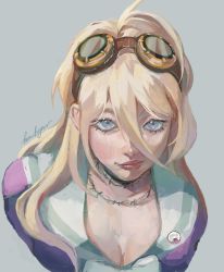 Rule 34 | 1girl, ahoge, barbed wire, black choker, blonde hair, blue eyes, blush, breasts, choker, cleavage, danganronpa (series), danganronpa v3: killing harmony, goggles, goggles on head, grey background, grey sailor collar, hair between eyes, highres, hvmbrgrr, iruma miu, long hair, pink shirt, sailor collar, shirt, signature, simple background, smile, solo