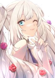 Rule 34 | 1girl, absurdres, bare shoulders, blue eyes, closed mouth, fate/grand order, fate (series), flower, hair flower, hair ornament, highres, light blush, light smile, long hair, looking at viewer, marie antoinette (fate), marie antoinette (third ascension) (fate), no-kan, no headwear, one eye closed, red flower, simple background, sleeveless, solo, sparkle, twintails, very long hair, white background, white hair