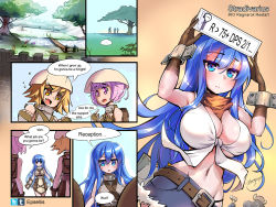 Rule 34 | 3girls, armor, arms up, backpack, bag, belt, belt buckle, black gloves, blacksmith (ragnarok online), blonde hair, blush, breastplate, breasts, bridge, buckle, cleavage, comic, cuffs, denim, denim shorts, eggshell hat, english text, gloves, hair between eyes, holding, large breasts, leather, leather gloves, multiple girls, navel, neckerchief, novice (ragnarok online), orc, poring, purple eyes, purple hair, ragnarok online, river, scenery, shirt, short hair, short shorts, shorts, sign, signature, tied shirt, tree, undersized clothes, white shirt, yellow eyes, yellow neckerchief, zerion