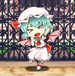 Rule 34 | &gt;:d, &gt; &lt;, :d, > <, arm up, ascot, bat wings, blue hair, blush, bow, chibi, clenched hands, cloud, commentary request, closed eyes, fang, frilled shirt, frilled skirt, frills, full body, gate, hat, hat bow, highres, lem r scarlet, looking at viewer, mob cap, open mouth, outdoors, puffy short sleeves, puffy sleeves, remilia scarlet, scarlet devil mansion, shirt, shoes, short hair, short sleeves, skirt, skirt set, smile, solo, standing, standing on one leg, touhou, v-shaped eyebrows, wings, xd