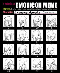 Rule 34 | 1girl, :3, :d, :o, :p, :|, ;), ^ ^, angry, artist name, book, burn scar, character name, chart, closed eyes, closed mouth, commentary, covering own mouth, crying, d:, emoticon, english commentary, english text, expression chart, expressionless, expressions, female focus, frown, hair over one eye, happy, heart, ikezawa hanako, jitome, katawa shoujo, laughing, long hair, looking at viewer, looking away, looking down, monochrome, musical note, mysterycycle, one eye closed, open mouth, sad, scar, smile, tears, tongue, tongue out, v-shaped eyebrows, wink