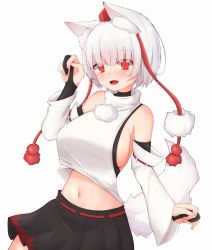 Rule 34 | 1girl, :d, animal ears, bare shoulders, black skirt, blunt bangs, blush, bob cut, breasts, bridal gauntlets, claw pose, cowboy shot, detached sleeves, eyes visible through hair, fang, hand up, hat, highres, inubashiri momiji, large breasts, mamo murata, midriff, navel, open mouth, pleated skirt, pom pom (clothes), red eyes, red hat, short hair, sideboob, simple background, skin fang, skirt, smile, solo, tassel, tokin hat, touhou, turtleneck, white background, white hair, wide sleeves, wolf ears