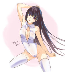 Rule 34 | 1girl, bad id, bad pixiv id, black hair, breasts, cameltoe, cleavage, front zipper swimsuit, long hair, looking at viewer, meme attire, one-piece swimsuit, original, purple eyes, solo, swimsuit, tenjou tsuki, thighhighs, very long hair