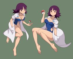 Rule 34 | 1girl, barefoot, black eyes, blue one-piece swimsuit, breasts, cleavage, closed mouth, coat, collarbone, covered navel, creatures (company), curvy, flowers-imh, game freak, green background, half-closed eyes, hand up, highres, holding, holding poke ball, jewelry, knees, medium breasts, medium hair, multiple views, necklace, nintendo, one-piece swimsuit, open clothes, open coat, parted bangs, philena ivy, poke ball, poke ball (basic), pokemon, pokemon (anime), pokemon (classic anime), purple hair, simple background, smile, spiked hair, swimsuit, toes