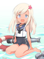 Rule 34 | 10s, 1girl, bad id, bad pixiv id, blonde hair, blue eyes, child, female focus, flam (81), flower, hair flower, hair ornament, kantai collection, lifebuoy, long hair, one-piece swimsuit, open mouth, ro-500 (kancolle), school swimsuit, sitting, smile, solo, swim ring, swimsuit, tan, tanline, torpedo