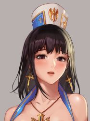 Rule 34 | 00s, 1girl, bad id, bad pixiv id, bare shoulders, black eyes, black hair, blush, collarbone, cross, cross earrings, cross necklace, dungeon and fighter, earrings, female crusader (dungeon and fighter), female priest (dungeon and fighter), hat, jewelry, looking at viewer, monaim, necklace, parted lips, portrait, solo