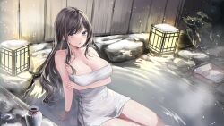 1girl absurdres arm_under_breasts bare_shoulders black_hair blue_eyes braid breasts cleavage commission cup highres lamp large_breasts lillly long_hair looking_at_viewer naked_towel onsen open_mouth original sakazuki second-party_source sitting snowing solo tokkuri towel twin_braids very_long_hair wet