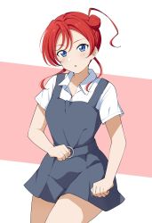 Rule 34 | 1girl, :o, barkhorn0331, blue eyes, clenched hands, collared shirt, commentary, cowboy shot, dress, grey dress, hair bun, highres, long hair, looking at viewer, love live!, love live! superstar!!, o-ring, parted lips, partially unbuttoned, pinafore dress, red background, red hair, school uniform, shirt, short dress, short hair with long locks, short sleeves, single side bun, sleeveless dress, solo, summer uniform, two-tone background, white shirt, yoneme mei, yuigaoka school uniform