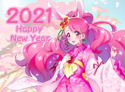 Rule 34 | 1girl, 2021, :d, alternate costume, animal ears, asymmetrical bangs, blush, commentary request, cure grace, cure grace (partner form), detached sleeves, earrings, english text, extra ears, floating hair, hanadera nodoka, happy new year, healin&#039; good precure, highres, japanese clothes, jewelry, kimono, kyoutsuugengo, long hair, long sleeves, new year, open mouth, pink hair, pink kimono, precure, rabbit ears, red eyes, red ribbon, ribbon, ribbon-trimmed sleeves, ribbon trim, smile, solo, spring (season), standing, very long hair, white sleeves, wide sleeves, yukata