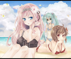 Rule 34 | 3girls, :i, bad id, bad pixiv id, bandeau, beach, bikini, breast envy, breasts, brown hair, cleavage, cloud, colored eyelashes, day, eyelashes, flower, frilled bikini, frills, front-tie top, hair flower, hair ornament, halterneck, hatsune miku, hibiscus, looking at viewer, lying, medium breasts, megurine luka, meiko (vocaloid), mikipa, multiple girls, on stomach, outdoors, pink hair, shaded face, swimsuit, twintails, vocaloid