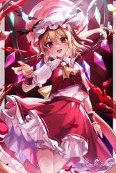 Rule 34 | 1girl, :d, absurdres, ascot, blonde hair, blood, collared shirt, commentary request, cowboy shot, crystal, fang, flandre scarlet, frilled shirt collar, frilled skirt, frills, hand up, hat, hat ribbon, highres, long hair, looking at viewer, mob cap, one side up, open mouth, pointy ears, red eyes, red ribbon, red skirt, red vest, ribbon, sakuhara kaka, shirt, short sleeves, skirt, smile, solo, touhou, vest, white hat, white shirt, wings, wrist cuffs, yellow ascot
