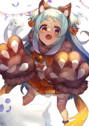 Rule 34 | 1girl, absurdres, animal ear fluff, animal ears, animal hands, aqua hair, bat (animal), bell, bow, bowtie, cat ears, commentary request, fake animal ears, fangs, forehead, from above, fur-trimmed gloves, fur collar, fur trim, ghost, gloves, hair bow, hair ornament, hairband, halloween, halloween costume, hands up, highres, leg wrap, long hair, looking at viewer, miyako (halloween) (princess connect!), miyako (princess connect!), open mouth, orange neckwear, orange skirt, paw gloves, pleated skirt, princess connect!, purple eyes, shirt, sidelocks, skirt, solo focus, standing, string of flags, striped, takuan (mo55ilst), two side up, v-shaped eyebrows, very long hair, white shirt