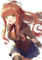 Rule 34 | 1girl, :d, arm at side, arm behind back, artist name, black thighhighs, blush, breasts, brown hair, brown thighhighs, brown vest, collared shirt, commentary, doki doki literature club, dress shirt, green eyes, happy, highres, jacket, leaning forward, long hair, looking at viewer, medium breasts, monika (doki doki literature club), neck ribbon, open mouth, pleated skirt, ponytail, red ribbon, ribbon, shirt, skirt, smile, solo, thighhighs, tyone, vest, white shirt