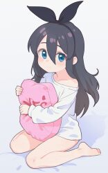 Rule 34 | 1girl, absurdres, barefoot, black hair, black hairband, black ribbon, blue eyes, blush, bow hairband, closed mouth, collarbone, commentary, english commentary, full body, hair between eyes, hair ribbon, hairband, highres, holding, holding pillow, hugging object, lk149, long hair, long sleeves, looking at viewer, original, pillow, pillow hug, puffy long sleeves, puffy sleeves, ribbon, shirt, single bare shoulder, sitting, soles, solo, toes, wariza, white shirt, yes-no pillow