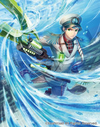 Rule 34 | 1boy, blue hair, bubble, cardfight!! vanguard, company name, epaulettes, fish, gloves, green eyes, hat, hydro lance tzanis, male focus, military, military hat, military uniform, official art, polearm, spear, underwater, uniform, water, weapon