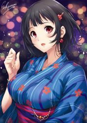 Rule 34 | 1girl, alternate costume, arm up, artist name, black hair, blue kimono, blurry, blush, bokeh, bracelet, breasts, depth of field, earrings, floral print, hair ornament, hairclip, hand up, head tilt, japanese clothes, jewelry, kantai collection, kimono, large breasts, light particles, lips, looking at viewer, nail polish, night, obi, open mouth, outdoors, pink nails, purple nails, red eyes, sakiyamama, sash, short hair, sidelocks, signature, solo, takao (kancolle), upper body, wide sleeves, wristband, yukata