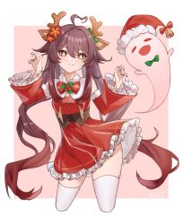 Rule 34 | 1girl, ahoge, alternate costume, animal ears, black nails, blush, bow, bowtie, breasts, brown hair, chinese commentary, christmas, closed mouth, contrapposto, corset, cowboy shot, cropped legs, deer ears, detached sleeves, dress, eyelashes, fake animal ears, fake antlers, flower, flower-shaped pupils, frilled dress, frilled sleeves, frills, fur-trimmed headwear, fur-trimmed sleeves, fur collar, fur trim, genshin impact, ghost, gradient hair, green bow, green bowtie, hair between eyes, hair flaps, hair flower, hair intakes, hair ornament, hat, highres, hu tao (genshin impact), long hair, looking at viewer, mistletoe, multicolored hair, nail polish, nan jiu (4517121392), orange eyes, pink background, pleated dress, red bow, red bowtie, red hair, red hat, santa hat, sidelocks, signature, simple background, small breasts, smile, solo, standing, symbol-shaped pupils, thighhighs, thighs, twintails, two-tone hair, underbust, very long hair, white thighhighs, zettai ryouiki