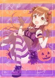 Rule 34 | 1girl, :d, bare shoulders, bat (animal), bat hair ornament, black gloves, breasts, brown eyes, child, demon horns, earrings, frilled skirt, frills, ghost, gloves, hair ornament, halloween, hiiragi kei, horns, idolmaster, idolmaster shiny colors, jewelry, long hair, looking at viewer, open mouth, pumpkin, skirt, small breasts, smile, solo, sonoda chiyoko, star (symbol), striped clothes, striped thighhighs, thighhighs, torn clothes, torn thighhighs