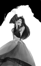 Rule 34 | 1girl, animal ears, circlek, clenched hand, dress, closed eyes, facing viewer, fangs, from below, greyscale, hand to own mouth, imaizumi kagerou, long hair, long sleeves, monochrome, open mouth, solo, stretching, touhou, wide sleeves, wolf ears, yawning