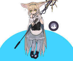 Rule 34 | 1girl, animal ear fluff, animal ears, arknights, asymmetrical gloves, bare shoulders, black footwear, black gloves, blouse, blue background, blue hairband, blue skirt, braid, braided hair rings, brown hair, closed mouth, fox ears, fox girl, fox tail, frilled skirt, frills, full body, gloves, green eyes, hair rings, hairband, highres, holding, holding staff, kitsune, kyuubi, looking at viewer, material growth, mismatched gloves, multicolored hair, multiple tails, oripathy lesion (arknights), pantyhose, senjou no pentsu, shirt, shoes, skirt, solo, staff, standing, suzuran (arknights), tail, twin braids, two-tone background, two-tone hair, water drop, wet, wet clothes, wet hair, wet skirt, wet tail, white background, white gloves, white hair, white pantyhose, white shirt