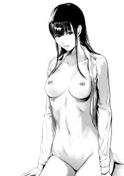 Rule 34 | 1girl, black hair, breasts, collarbone, dress shirt, expressionless, greyscale, groin, highres, kurofood, long hair, long sleeves, looking to the side, medium breasts, monochrome, navel, nipples, open clothes, open shirt, original, shirt, sidelocks, simple background, sitting, solo, white background
