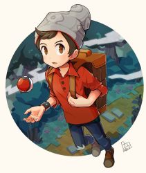 Rule 34 | 1boy, beanie, bo9 (bo9 nc), brown eyes, brown footwear, brown hair, cable knit, commentary request, creatures (company), dated, denim, full body, game freak, grey hat, hat, holding strap, jeans, male focus, nintendo, open mouth, pants, plaid, poke ball, poke ball (basic), pokemon, pokemon swsh, red shirt, shirt, shoes, sleeves rolled up, solo, standing, suitcase, swept bangs, tongue, torn clothes, torn jeans, torn pants, victor (pokemon)