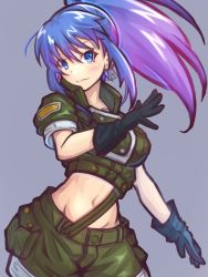 Rule 34 | 1girl, bell, blue eyes, blue gloves, blue hair, closed mouth, cowbell, earrings, gloves, green shorts, grey background, groin, highres, jewelry, kore (kore), leona heidern, long hair, looking at viewer, navel, ponytail, short sleeves, shorts, simple background, solo, standing, tank top, the king of fighters, triangle earrings