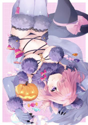 Rule 34 | 1girl, absurdres, animal ears, bare shoulders, bow, breasts, cleavage, elbow gloves, fate/grand order, fate (series), fur-trimmed gloves, fur-trimmed legwear, fur collar, fur trim, gloves, hair over one eye, highres, jack-o&#039;-lantern, lace, lace-trimmed legwear, lace trim, large breasts, light purple hair, looking at viewer, mash kyrielight, mash kyrielight (dangerous beast), misaki346, navel, o-ring, purple eyes, purple gloves, purple thighhighs, revealing clothes, short hair, solo, tail, thighhighs, wolf ears, wolf tail
