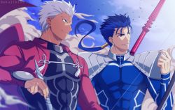 Rule 34 | 2boys, akujiki59, archer (fate), blue hair, blurry, closed mouth, cloud, commentary request, covered abs, cu chulainn (fate), cu chulainn (fate/stay night), dark-skinned male, dark skin, day, fate (series), floating hair, hair tubes, hand up, holding, long hair, male focus, multiple boys, outdoors, parted lips, ponytail, red eyes, shoulder plates, sky, smile, smoke, spiked hair, white hair