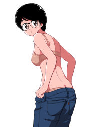 Rule 34 | 1girl, adjusting clothes, aragon honnin, bad id, bad tumblr id, black hair, blue pants, bra, cowboy shot, dressing, expressionless, from behind, glasses, looking back, original, pants, pocket, simple background, solo, underwear, white background
