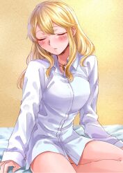 Rule 34 | 1girl, arm support, barefoot, bed sheet, blonde hair, blush, breasts, clarice (idolmaster), closed eyes, idolmaster, idolmaster cinderella girls, idolmaster cinderella girls starlight stage, jewelry, long hair, long sleeves, medium breasts, naked shirt, namiko817, necklace, on bed, parted lips, shirt, sidelocks, sitting, solo, white shirt