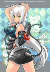 Rule 34 | 10s, 1girl, 2010, ass, bare legs, bracelet, breasts, clothing cutout, dated, demon tail, elbow gloves, from behind, gloves, green eyes, hunewearl, jewelry, long hair, looking back, newman, phantasy star, phantasy star online, pointy ears, shorts, single elbow glove, single glove, sleeveless, solo, tail, tail through clothes, text focus, very long hair, watermark, web address, white hair, ziyo ling