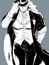 Rule 34 | 1boy, ascot, buttons, closed mouth, coat, collared shirt, commentary request, covered eyes, cowboy shot, hand in pocket, hand on headwear, hat, hat over eyes, jojo no kimyou na bouken, light smile, long hair, long sleeves, male focus, monochrome, pants, pectorals, phantom blood, robert e. o. speedwagon, scar, scar on face, shirt, simple background, sleeves rolled up, solo, taut clothes, waistcoat, yuu knight3858