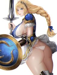 Rule 34 | 1girl, absurdres, aqua eyes, armor, ass, blonde hair, boots, bow, bowtie, braid, braided ponytail, breasts, dual wielding, elbow pads, fingernails, from behind, hair bow, hair ornament, highres, holding, holding shield, holding sword, holding weapon, kurone rinka, large breasts, lips, long hair, looking at viewer, low-tied long hair, md5 mismatch, namco, panties, resolution mismatch, shield, shiny skin, shoulder armor, shoulder pads, sideboob, simple background, single braid, skirt, solo, sophitia alexandra, soul calibur, source smaller, sword, thigh boots, thighhighs, thighs, underwear, weapon, white background, white panties