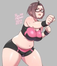 Rule 34 | 1girl, agawa ryou, ahoge, belly, bike shorts, breasts, clenched hands, commentary, cowboy shot, dated, english commentary, exercise, glasses, headband, large breasts, midriff, navel, open mouth, original, plump, short hair, shorts, signature, simple background, solo, sports bra, sportswear, sweat, wristband