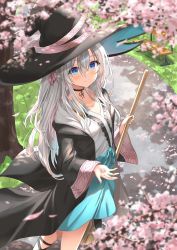Rule 34 | 1girl, alternate costume, bench, black hat, blue eyes, broom, cherry blossoms, choker, collared shirt, commentary, elaina (majo no tabitabi), flower, hair between eyes, hair ornament, hat, hat ribbon, highres, holding, holding broom, holding petal, kanaria hisagi, long hair, looking at viewer, majo no tabitabi, open clothes, open robe, outdoors, petals, ribbon, robe, shirt, silver hair, solo, symbol-only commentary, wide sleeves, witch hat