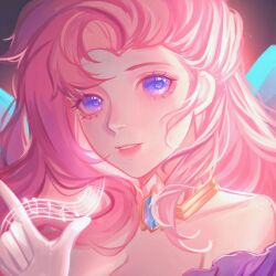Rule 34 | 1girl, bare shoulders, blue eyes, breasts, cleavage, collarbone, commentary request, detached collar, gem, hand up, heart, heart-shaped pupils, highres, index finger raised, league of legends, long hair, looking at viewer, medium breasts, pink hair, portrait, saikayo, seraphine (league of legends), solo, symbol-shaped pupils, teeth