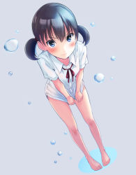 Rule 34 | 1girl, barefoot, bent over, black hair, blue eyes, blush, bottomless, breasts, closed mouth, commentary, covering privates, covering crotch, dress shirt, dutch angle, foreshortening, full body, grey background, hair between eyes, hair tie, highres, leaning forward, looking at viewer, neck ribbon, original, puddle, red ribbon, ribbon, school uniform, shiratama (komekiti10), shirt, shirt tug, short hair, short twintails, small breasts, solo, standing, twintails, v-shaped eyebrows, water drop, white shirt