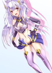 Rule 34 | 1girl, ange vierge, armor, bare shoulders, bikini armor, black gloves, blue footwear, boots, breasts, brown eyes, cleavage, elbow gloves, frown, gloves, hair ornament, head wings, long hair, looking at viewer, medium breasts, navel, niaru (r2pi), simple background, solo, thigh boots, thighhighs, very long hair, white hair, white wings, wings