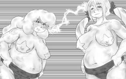 Rule 34 | 2girls, artist request, blush, borrowed character, breasts, breasts apart, commentary request, drill hair, eye contact, fat, greyscale, huge breasts, kaori l rabbit, long hair, looking at another, mawashi, monochrome, muchigaku, multiple girls, original, pasties, plump, star pasties, sumo girl, tawara mai, twin drills