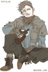 Rule 34 | 1boy, boots, bottle, facial hair, full body, glasses, head tilt, holding, holding bottle, jacket, light brown hair, male focus, mature male, mustache, original, scar, scar across eye, short hair, sitting, solo, thick eyebrows, where hao, white background, wine bottle, winter clothes