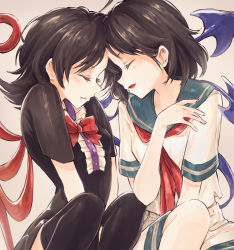 Rule 34 | 2girls, beige background, black dress, black hair, black legwear, blue wings, bow, bowtie, center frills, closed eyes, dress, forehead-to-forehead, frills, heads together, hisona (suaritesumi), houjuu nue, multiple girls, murasa minamitsu, neckerchief, open mouth, red bow, red bowtie, red wings, sailor collar, shirt, short sleeves, shorts, thighhighs, touhou, white shirt, wings