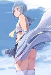 Rule 34 | 1girl, absurdres, alternate costume, ass, ayanami (azur lane), ayanami (azur lane) (cosplay), ayanami rei, azur lane, belt, blue sky, commentary request, cosplay, detached sleeves, eyes visible through hair, from below, fukunaga nagisa, highres, looking at viewer, looking to the side, midriff, name connection, neon genesis evangelion, no panties, parted lips, pleated skirt, red eyes, retrofit (azur lane), ribbon-trimmed sleeves, ribbon trim, school uniform, see-through silhouette, serafuku, short hair, sidelocks, silver hair, skirt, sky, solo, thighhighs, white thighhighs, wide sleeves, wind, zettai ryouiki