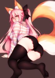 Rule 34 | 1girl, animal ear fluff, animal ears, ass, black shorts, black thighhighs, blush, closed mouth, fate/extra, fate (series), fox ears, fox girl, fox tail, foxykuro, from behind, hair between eyes, hair ornament, highres, hood, long sleeves, looking at viewer, looking back, pink hair, short shorts, shorts, smile, solo, tail, tamamo (fate), tamamo no mae (fate/extra), tamamo no mae (spring casual) (fate), thighhighs, thighs, yellow eyes