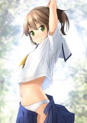 Rule 34 | 1girl, arms up, blue skirt, blurry, blurry background, blush, bow, bow panties, brown hair, closed mouth, clothes pull, commentary request, day, depth of field, green eyes, hair between eyes, highres, looking at viewer, navel, neckerchief, open clothes, open skirt, original, outdoors, panties, pleated skirt, ponytail, sailor collar, school uniform, serafuku, shibacha, shirt, short sleeves, skirt, skirt pull, smile, solo, stomach, underwear, white panties, white sailor collar, white shirt, yellow neckerchief